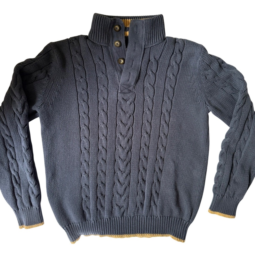 Eddie Bauer Mens‎ Navy Blue Cable Knit Cotton Mock Neck Button Sweater Large